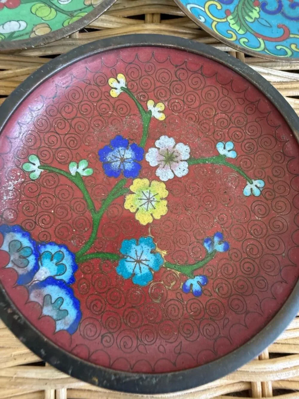 Vintage 30's Chinese Cloisonne Enamel set of 3 Trinket Dishes Floral
